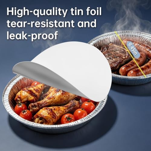 50 Pack 9 Inch Round Aluminum Pans with Lids, Disposable Aluminum Pie Pans with Lids, 9” Tin Foil Pans, Takeout Containers with Cardboard Covers for Cooking, Baking, Storage, Roasting, Reheating