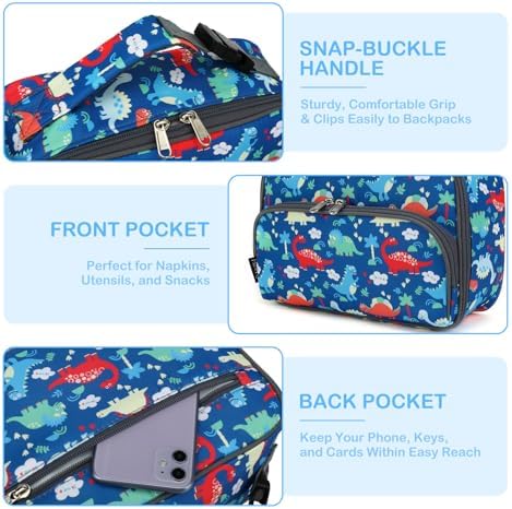 FlowFly Kids Lunch box Insulated Soft Bag Mini Cooer Back to School Thermal Meal Tote Kit for Girls, Boys,Dinosaur