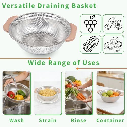 Colander Set with Plastic Handles, Stainless Steel Micro-Perforated Colanders Strainers for Draining Rinsing Washing, Ideal for Pasta Vegetables Fruits, Heavy Duty & Dishwasher Safe