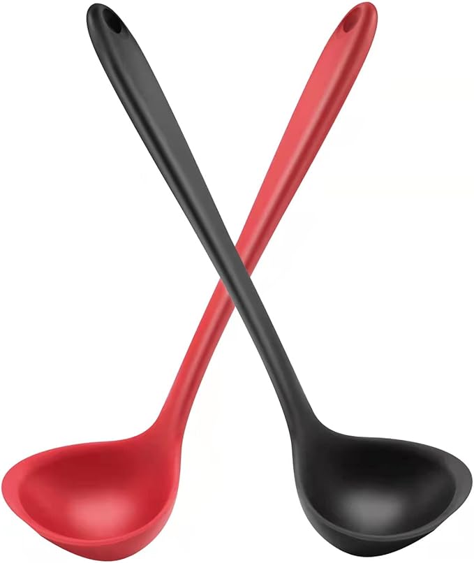 12" Silicone Ladle Spoon Set of 2, Long handle soup spoons Seamless & Nonstick, Heat resistant 600 °F Kitchen Soup Ladles for Cooking.