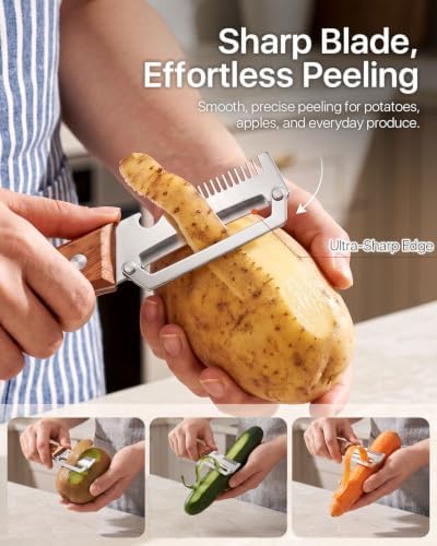 2 Pack Multifunctional Vegetable Peeler, 3-in-1 Peeler For Kitchen with Bottle Opener, Stainless Steel Peelers with Wooden Handle, Ergonomic Handheld Peeler for Peeling Vegetable, Fruit, Scallion