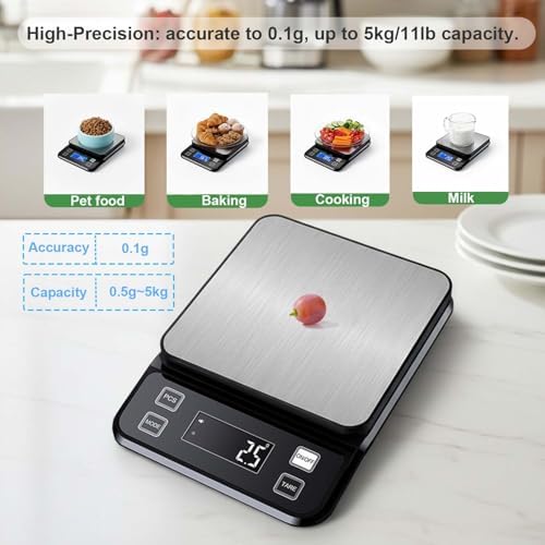 Waterproof Digital Kitchen Scale 0.1g/0.001oz Precision, Stainless Steel Electronic Scale with 3 Power Options (Rechargeable/AAA/Built-in), 10 Units Conversion, Smart Standby, 5kg/11lb Capacity
