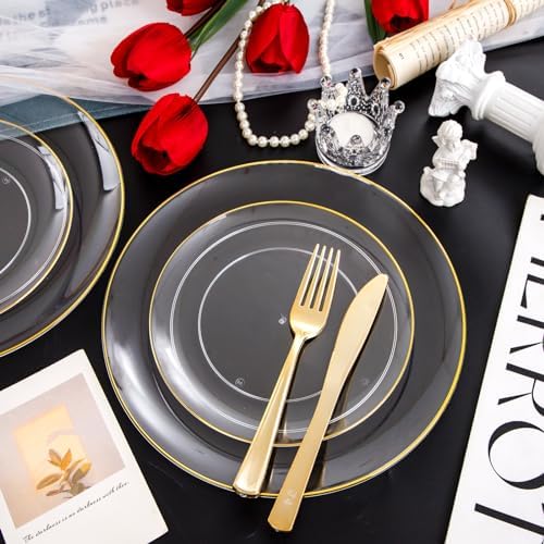 PULOTE 100PCS Clear and Gold Plastic Plates - Heavy Duty Clear Disposable Plastic Plates With Gold Trim for Wedding&Party Include 50 Dinner Plates, 50 Dessert Plates
