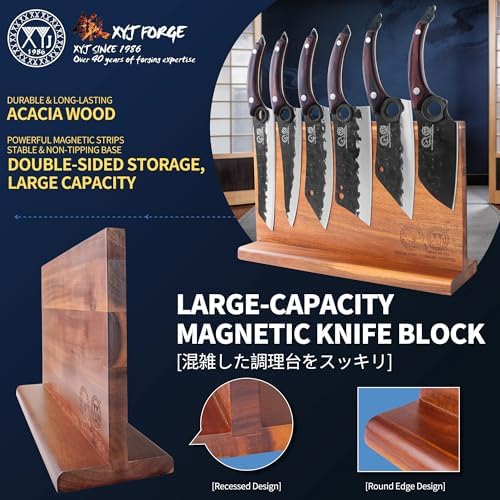 XYJ Knife Block Set, Full Tang Knives with Wood Magnetic Knife Block