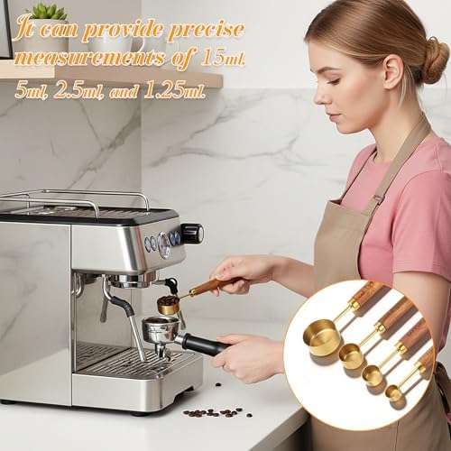 Gold Measuring Spoons Set of 4, Stainless Steel Coffee Measuring Scoop with Wooden Handles Teaspoon Measuring Cups for Coffee Tea Spices Cooking Baking