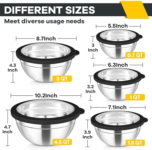 TeamFar Mixing Bowls Set, Stainless Steel Salad Bowl with Lids, Black