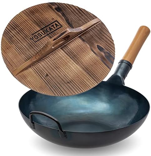 YOSUKATA 13.5” Blue Carbon Steel Wok Pan + Premium Wok Cover 13.5 inch Pan Lid