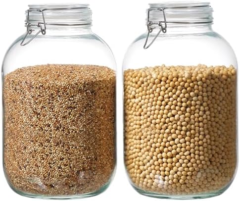 1 Gallon Glass Food Storage Jars with Airtight Lids, Set of 2 – Clear Preserving Seal Wire Clip Fastening Canisters for Kitchen Canning, Flour, Cereal, Pasta, Sugar, Beans, Pickling Jars (1gallon*2)