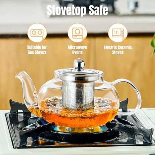 Baalaka Tea Pot with Infuser for Loose Tea, 20 oz Glass Stovetop Kettle