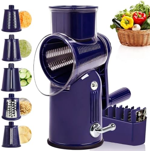 Rotary Cheese Grater with Handle, 5 Replaceable Blades(Purple)
