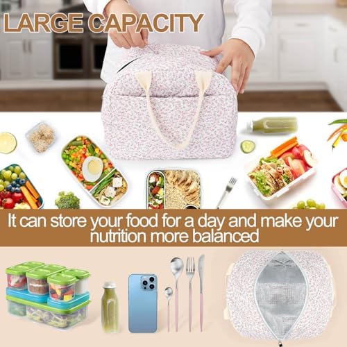 Cotton Quilted Insulated Lunch Bag, Reusable Quilted Floral Lunch Tote Bags