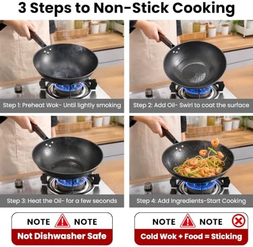 13 Inch Carbon Steel Wok with Lid, Large Flat Bottom Woks & Stir-Fry Pan