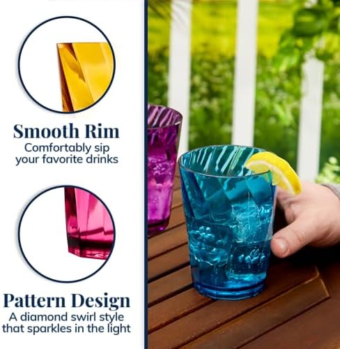 US Acrylic Optix Plastic Reusable Drinking Glasses (Set of 8) 14oz Rocks Cups in Jewel Tone Colors | BPA-Free Tumblers, Made in USA | Top-Rack Dishwasher Safe (Pack of 2)