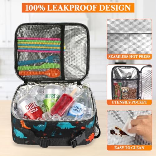 opux Insulated Lunch Bag for Kids, Reusable Lunch Box for School, Dinosaur