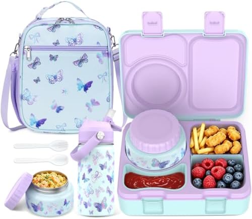 Bento Lunch Box with Food Jar, Water Bottle, Lunch Bag, Butterfly