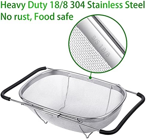 Tiawudi 6-Quart Large Over The Sink Colander, Heavy Duty 40% Thicker 18/8 Stainless Steel Fine Mesh Strainer Basket with Expandable Rubber Grip Handles - Strain, Drain, Rinse Fruits, Vegetables