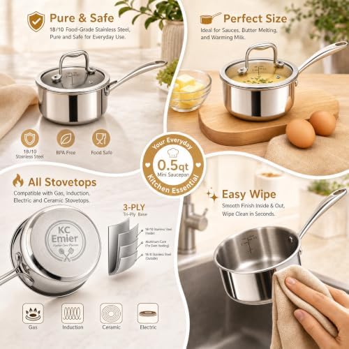 Mini Sauce Pan with Lid, Tri-Ply Stainless Steel Pot with Stay-Cool Handle & All Cooktop Compatibility (Gas, Ceramic, Electric) - 0.5 Quart