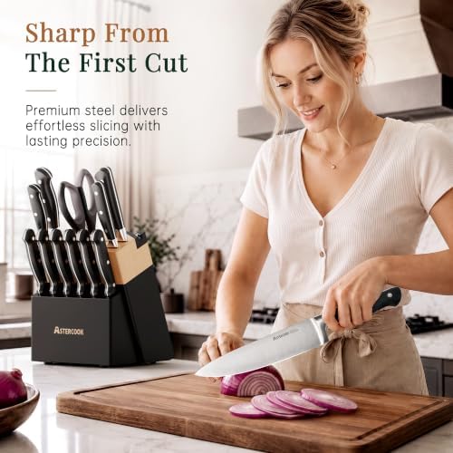 Astercook Kitchen Knife Set Full Tang with Block and Sharpener Elegant
