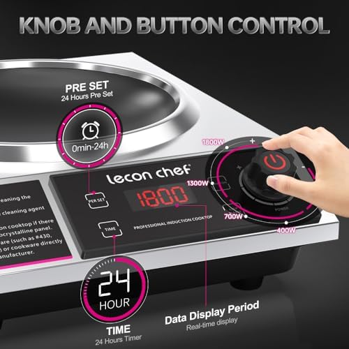 leconchef Induction Cooker with Wok 1800W Professional Electric Induction Burner with 11-Level Setting for Cooking,24-hour Timer and Preset,Keep warm,14" Carbon Steel Wok Included