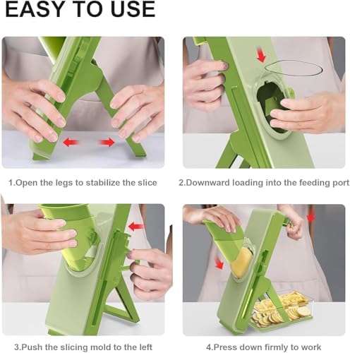 Eletronova Safe Mandoline Slicer for Kitchen, Vegetable Slicer with Container, French Fry Cutter, All in 1 Julienne Slicer for Potato, Thickness Adjustable, Detachable Blade (Green)