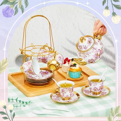 Zhehao 20 Pcs Porcelain Tea Set for Adult, with Metal Holder, Purple