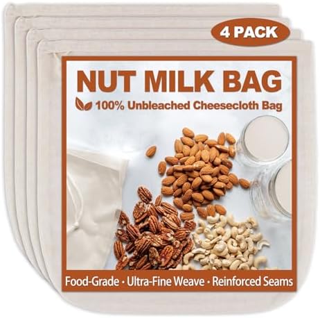 4 Pcs 12"x12" Nut Milk Bag with SGS Tested 100% Nature Unbleached Cotton, Premium Cheesecloth Bags for Straining, Reusable Nut Bag Strainer for Making Almond & Nut Milks, Cold Brew, Yogurt, Juicing