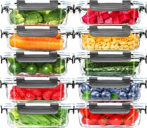 Skroam 10 Pack Glass Meal Prep Containers, 22 OZ Glass Airtight Food Storage Containers with Lids, Pantry Kitchen Storage Containers for Lunch, Food Storage, Meal Prep, Lunch Bento Boxes