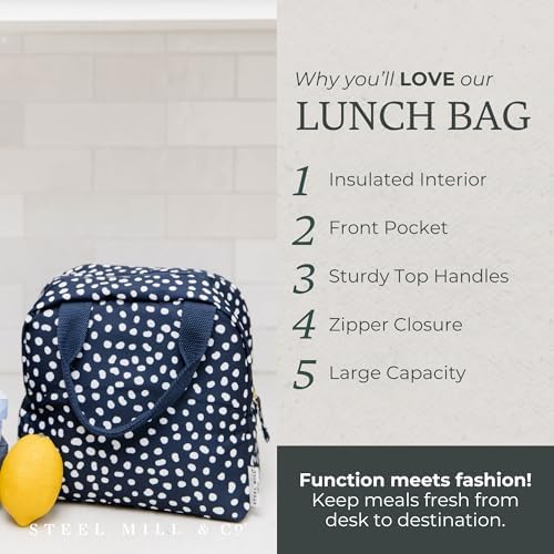 Steel Mill & Co. Insulated Lunch Tote Bag for Women, Navy Dots
