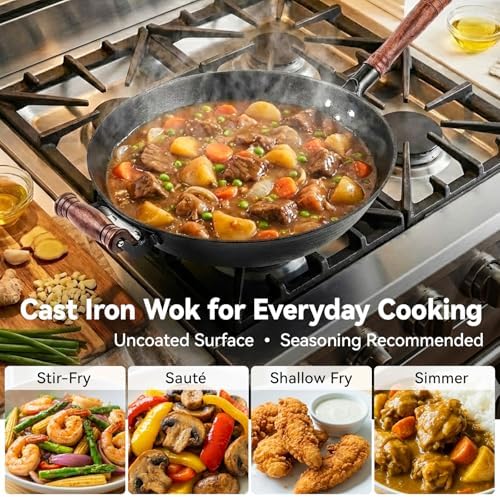 WANGYUANJI 14.1" Cast Iron Wok with Glass Lid, Flat Bottom