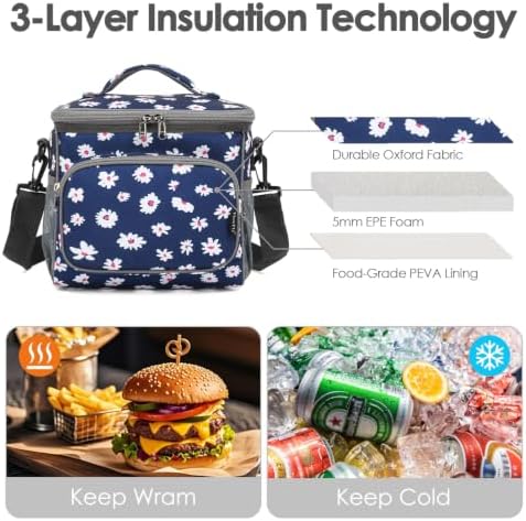 FlowFly Insulated Reusable Lunch Bag Adult Large Lunch Box for Women and Men with Adjustable Shoulder Strap,Front Zipper Pocket and Dual Large Mesh Side Pockets,Daisy