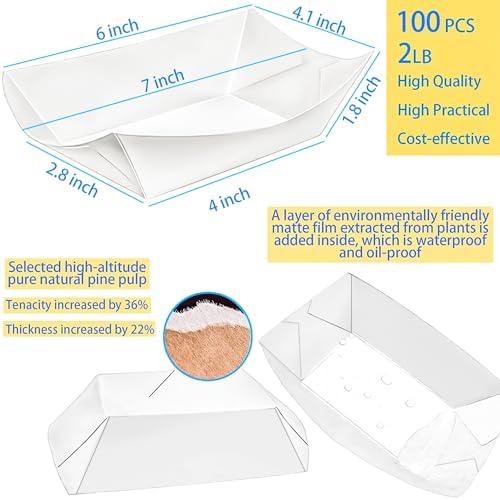 100 Pack 2lb Kraft Paper Food Trays, Waterproof Heavy-Duty Paper Food Boats Disposable Serving Baskets Trays for Fries Sandwiches Burgers Hot Dogs Taco BBQ Popcorn Picnic Wedding Party (White)