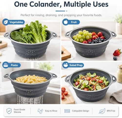 Mejoncb Collapsible Colander – Platinum Silicone Strainer with Stainless Steel Base, BPA-Free & Heat Resistant Kitchen Drain Basket (Gery)