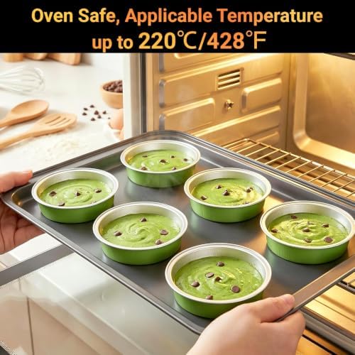 Beasea Mini Pie Tart Pans, 100 Pack 7.3oz 215ml Disposable Baking Cups Only, 4" Mini Ramekin No Lids Aluminum Foil Ramekins Cupcake Baking Tart Tin Pan for Cheesecake Pie - Matcha Green