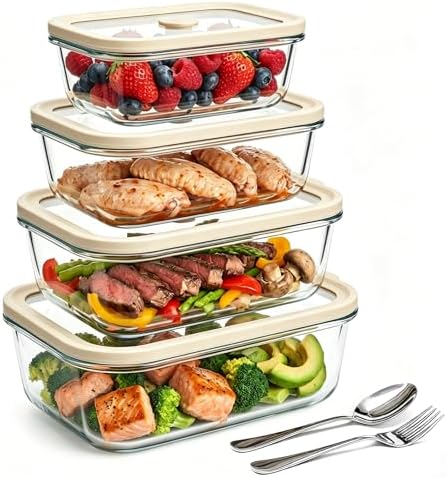 Multi-Size Glass Food Storage Containers with Glass Lids, 4 Pack