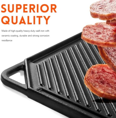 GGC Reversible Cast Iron Griddle, 20 x 10 Rectangular Griddle Pan