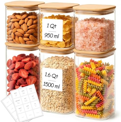 Glass Pantry Storage Containers with Lids 1/1.6 Qt 6 Pack Square