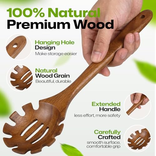 AIUHI Teak Wooden Pasta Fork with Teech, 12.8" Slotted Noodle Server, Heat-Resistant Nonstick-Safe Kitchen Utensil for Stirring & Serving