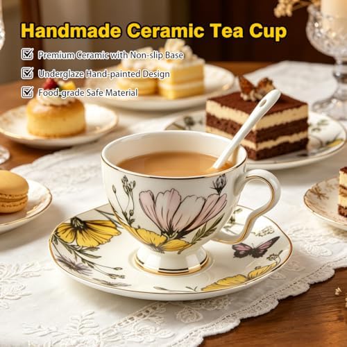 Butterfly Tea Cup and Saucer Set with Spoon, Gold Trim, 6.76 oz
