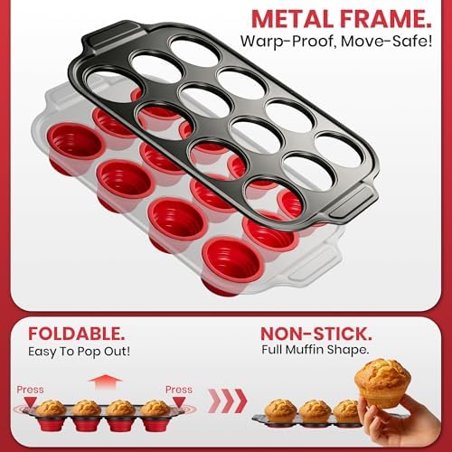 Silicone Muffin Pans for Baking with Metal Frame - 12 Cups Cupcake Pans