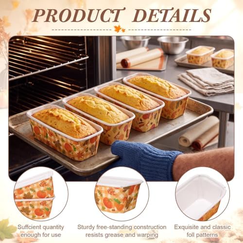 24 Sets Fall Paper Loaf Pan 6.3 x 2.2 x 2.2 Inch Disposable Mini Cake Pan with Clear Plastic Bags and Ties Rectangular Baking Mold for Thanksgiving Autumn Bread Brownies