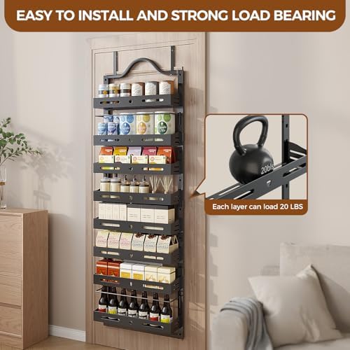 8-Tier Pantry Door Organizer, Large 2 IN 1 Wall Mount or Over The Door Pantry Organizer, Pantry Door Spice Rack with Adjustable Baskets, Over Door Organizer for Kitchen,（72.6×17.1×5.1in,Black)
