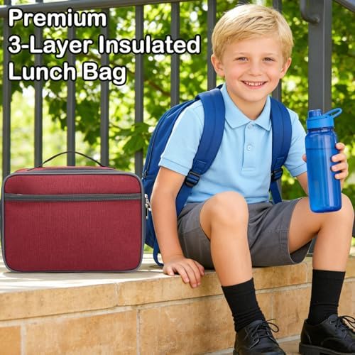 FlowFly Kids Lunch box Insulated Soft Bag Mini Cooler Back to School Thermal Meal Tote Kit for Girls, Boys,Women,Men, Deep Red