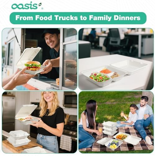 8x8 Inch 68 Pack 3-Compartment Clamshell Take Out Food Containers, Compostable Disposable Paper To Go Boxes with Lids, Heavy Duty Sugarcane Bagasse Containers for Meals & Sides, White