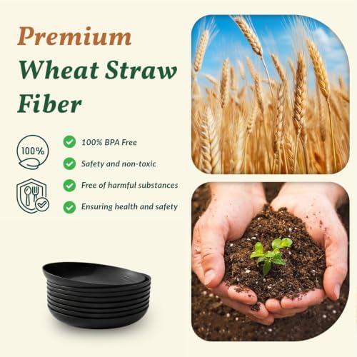 Homienly Wheat Straw Plates Unbreakable Deep Dessert Plates Set of 8 Plastic Plates Reusable Microwave Safe Plate for Kitchen Camping Party Dishwasher Safe Stackable Appetizer Plates (8in, Black)