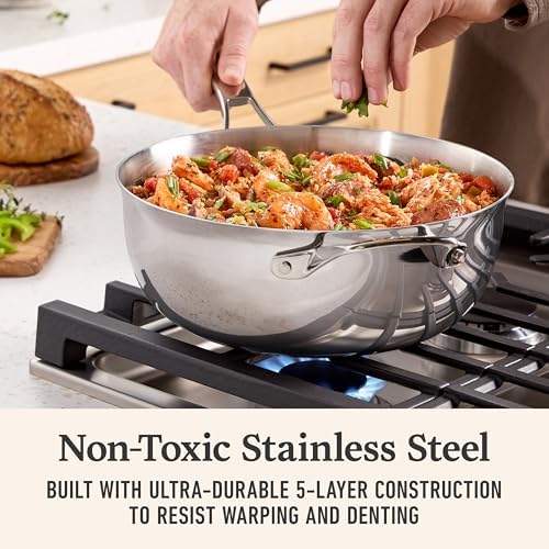 Calphalon Premier Polished 5-Ply Stainless Steel Cookware Set w/Turbo Heat Tech 4.5Qt Chef's Pan with Lid, Induction, Oven Safe 500F, PFOA Free, Polished Stainless Silver