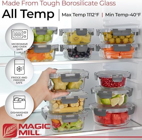 Magic Mill Premium Borosilicate Glass Food Storage Containers with lids Set | 24pc Sets with 12 Bowls & 12 Airtight Locking Lids for Lunch & Meal Prep, Safe for Oven, Freezer, Dishwasher, BPA-Free