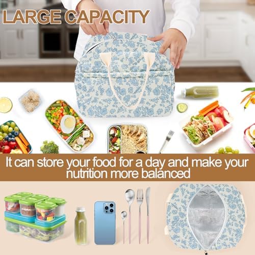 Cotton Quilted Insulated Lunch Bag, Reusable Quilted Floral Lunch Tote Bags