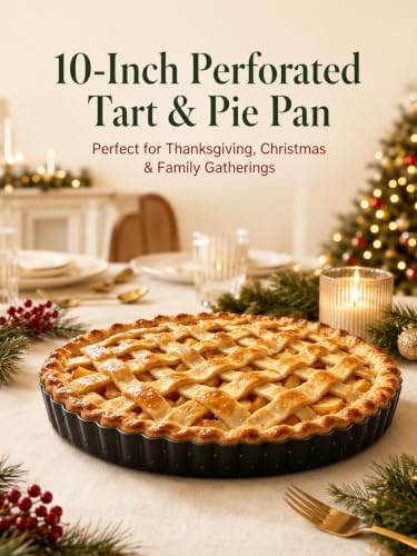 10 Inch Perforated Quiche Pan for Crispy Crust. Removable Bottom, Non-Stick Coating, Rugged Carbon Steel Dish for Tart Quiche Pie Baking. Gift for Christmas Thanksgiving Party