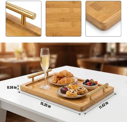 PEKER Wooden Serving Tray with Metal Handles, Black Decorative Coffee Table Tray for Breakfast in Bed, Ottoman & Home Décor, Wooden Food Tray for Kitchen