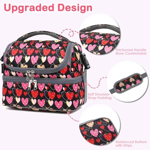FlowFly Double Decker Cooler Insulated Lunch Bag Large Tote for Boys, Girls, Men, Women, With Adjustable Strap,Heart